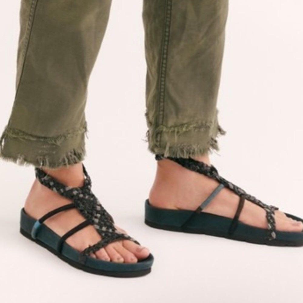 Free People Denali Gladiator Sandals Women's‎ 38 Black Teal Braided Wrap Boho